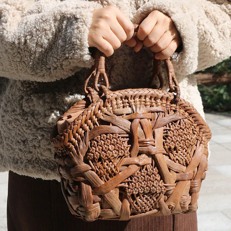 Handcrafted Wild Grapevine Shell Basket Bag - Luxury Yamabudo Woven Tote with Linen Liner - Verdant Bind
