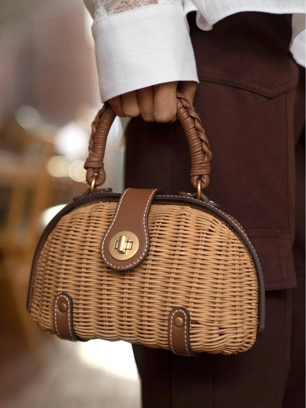 Handcrafted French Vintage Rattan Shell Crossbody Bag - Structured Wicker Basket Purse with Leather Strap & Turnlock