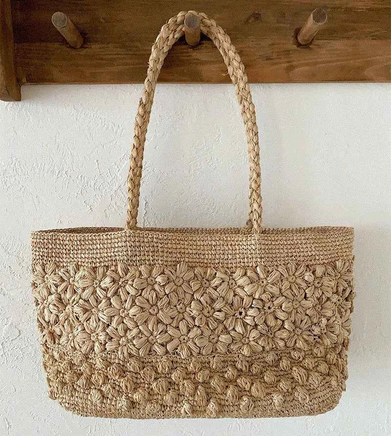 Handcrafted Floral Motif Raffia Tote Bag - Luxury Straw Shoulder Purse & Summer Crochet Satchel