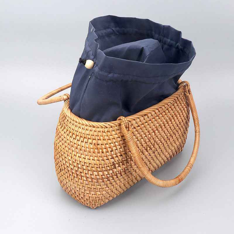 Handwoven Rattan Basket Bag French Vintage Oval Straw Top-Handle Tote