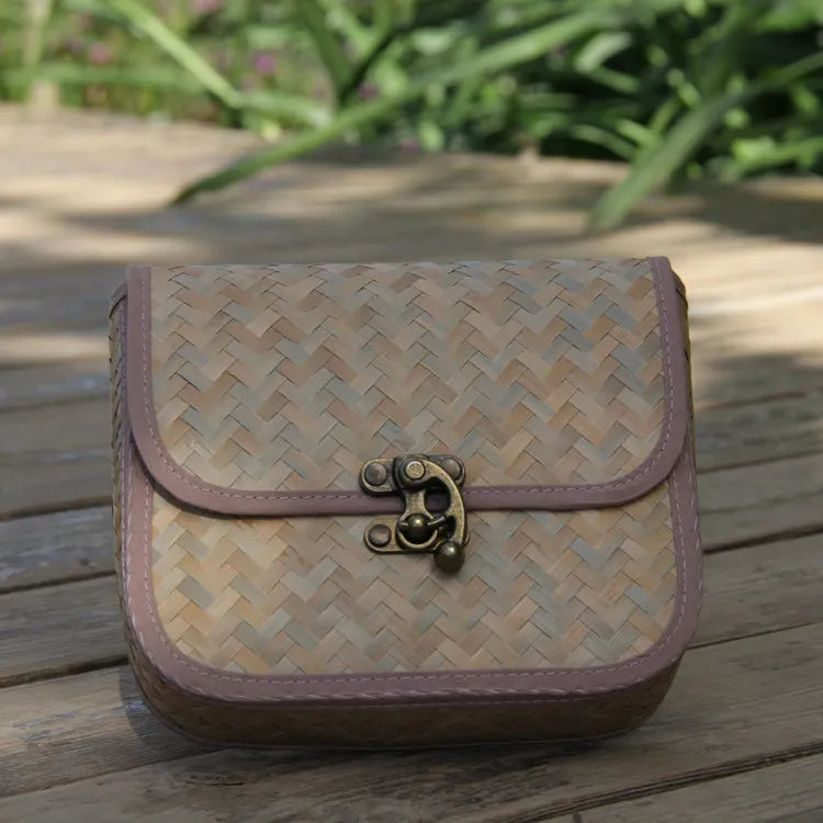 Handcrafted Mini Bamboo Weave Crossbody Bag Vintage Saddle Purse with Lock Closure