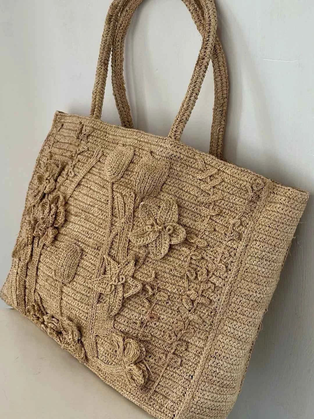 Handcrafted 100% Natural Raffia Tote Bag | 3D Floral Crochet Summer Beach Purse