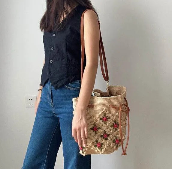 The Tuscan Romantic Crochet Rose Raffia Bucket Bag - Verdant Bind