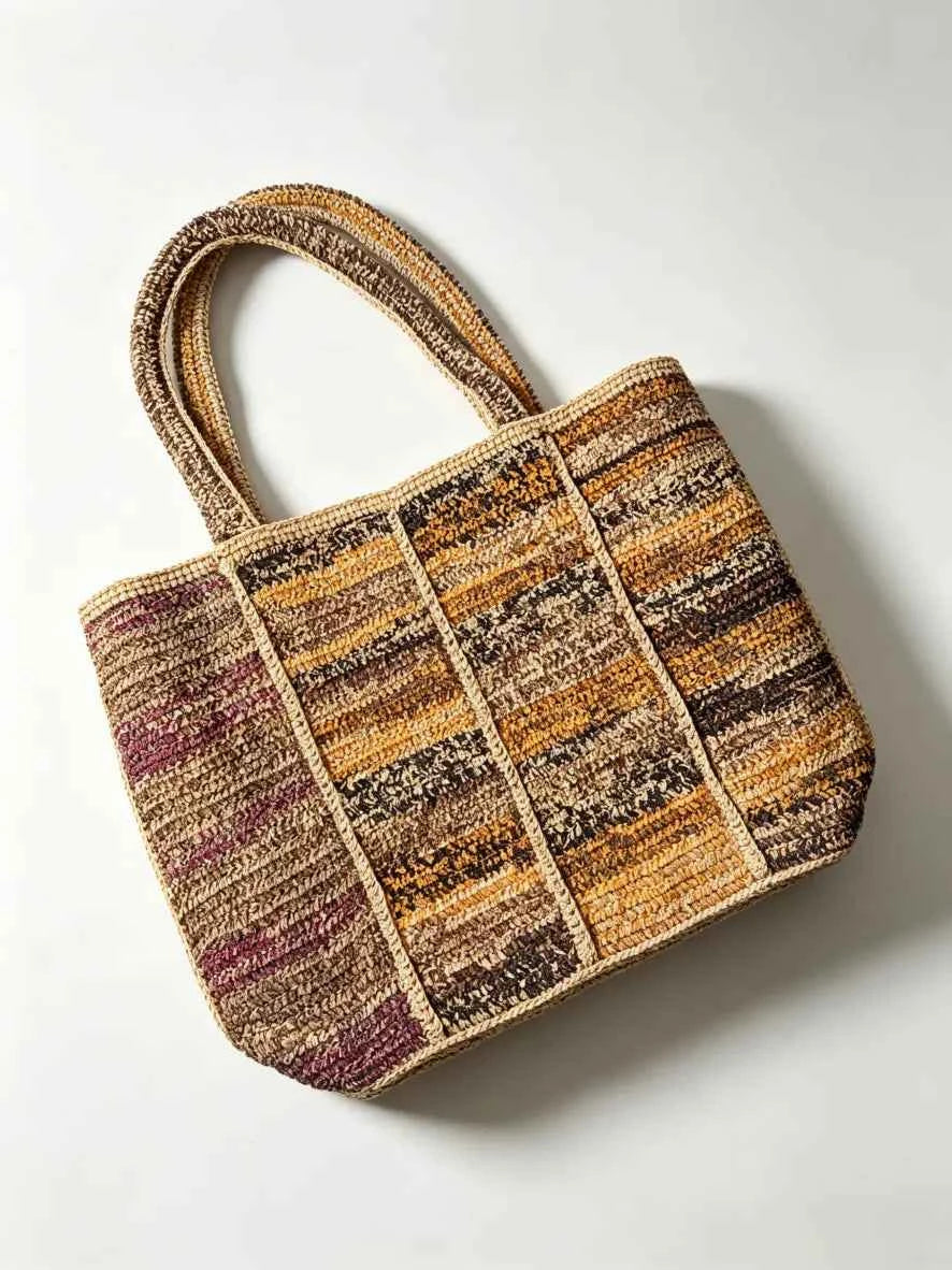 Handcrafted 100% Natural Raffia Tote Bag | Vintage Striped Panel Summer Beach & Commuter Purse