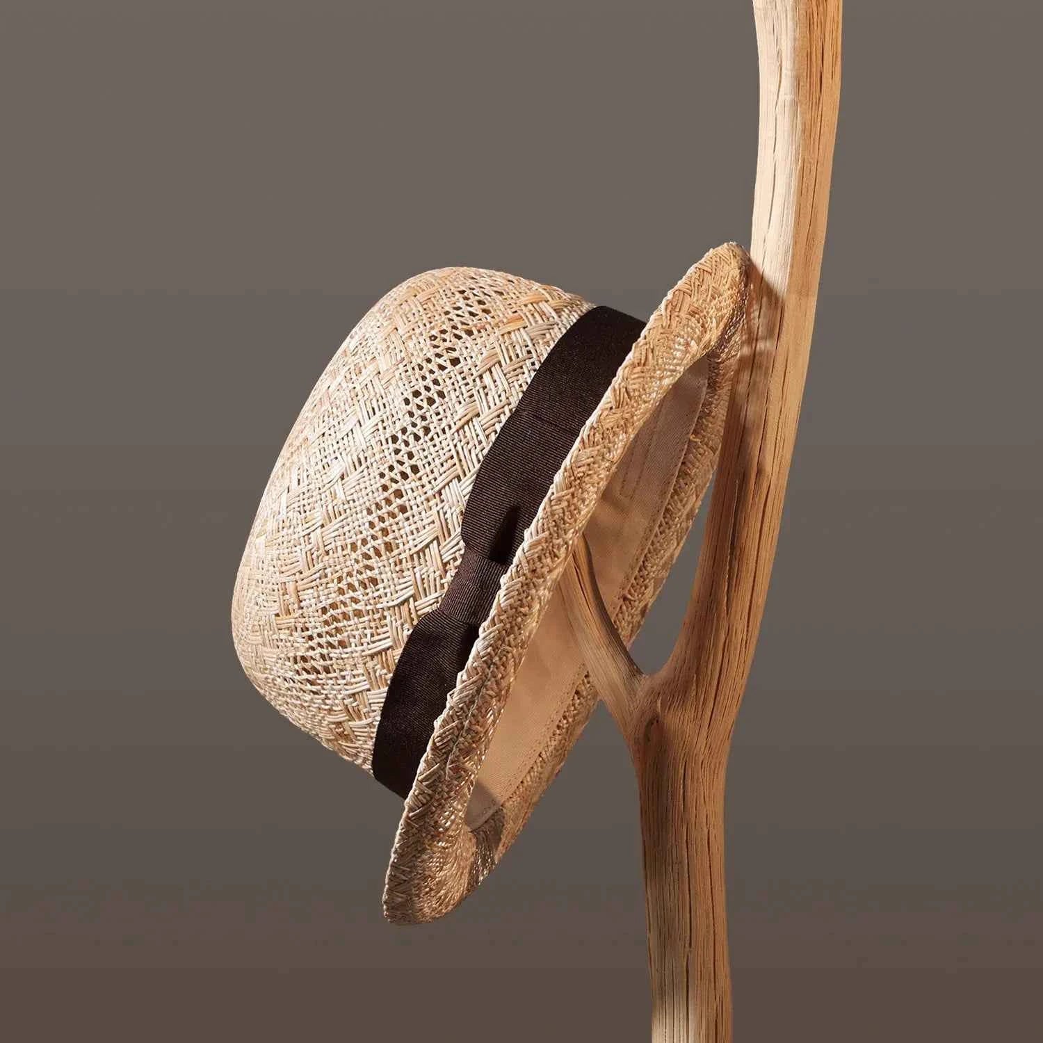 Handcrafted Natural Straw Porkpie Sun Hat | Vintage Rolled Brim Boater Cap with Grosgrain Ribbon