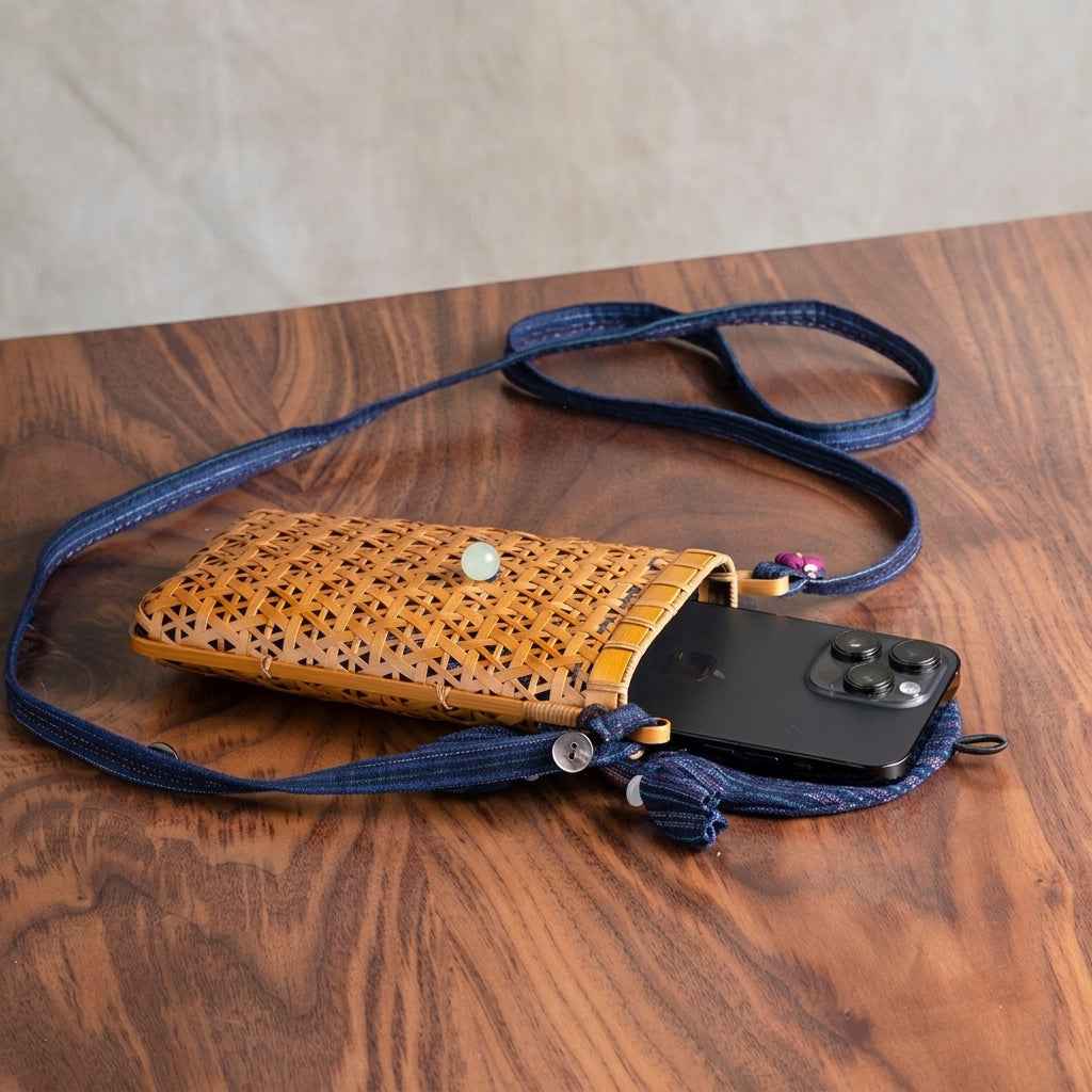 Handwoven Bamboo Crossbody Phone Bag with Vintage Fabric Flap & Jade Detail