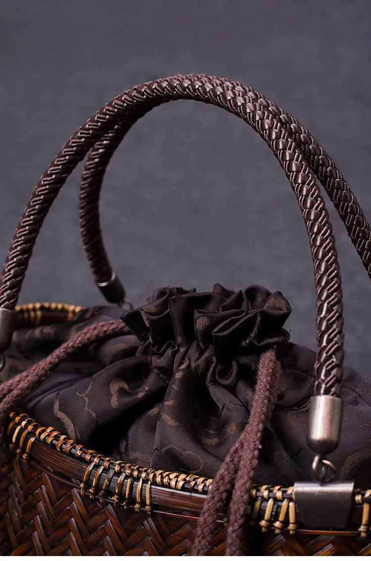 Handcrafted Boat-Shaped Bamboo Tote Bag with Drawstring Lining Vintage Woven Basket Handbag for Women