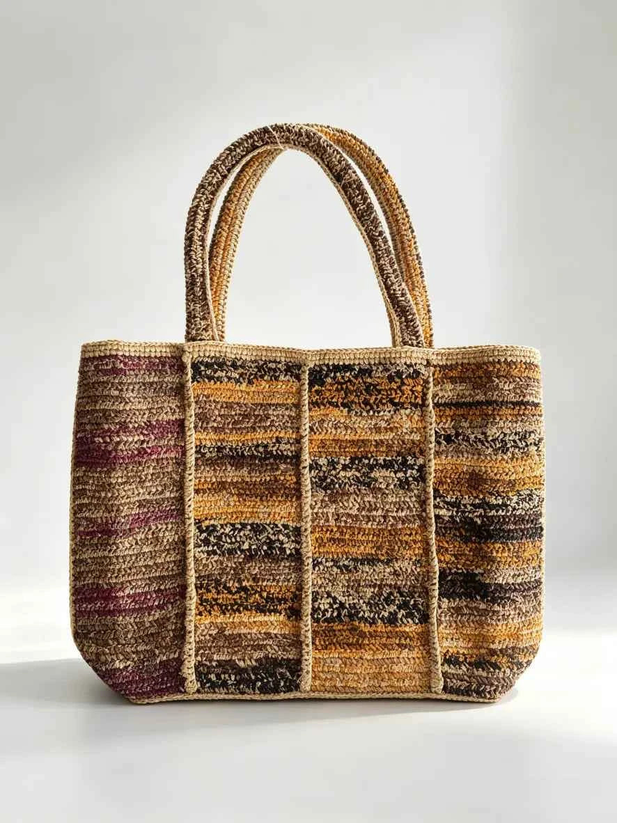 Handcrafted 100% Natural Raffia Tote Bag | Vintage Striped Panel Summer Beach & Commuter Purse