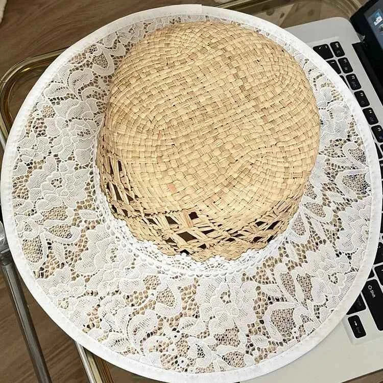 French Elegant Lace Raffia Straw Boater Hat with Wide Brim Sun Protection for Women
