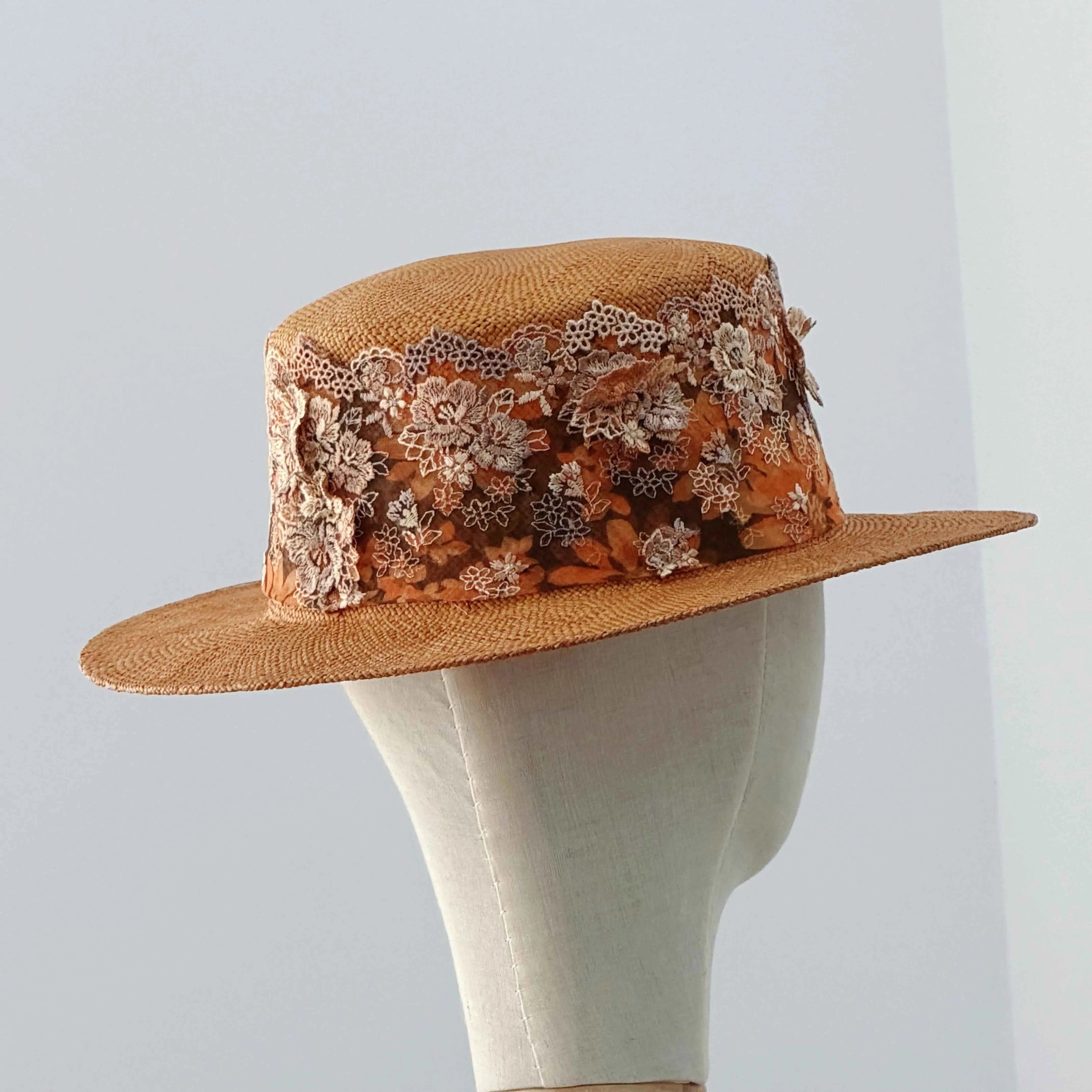 Handcrafted Vintage Flat Top Boater Hat Luxury Bao Straw Sun Fedora with Intricate 3D Floral Lace Trim