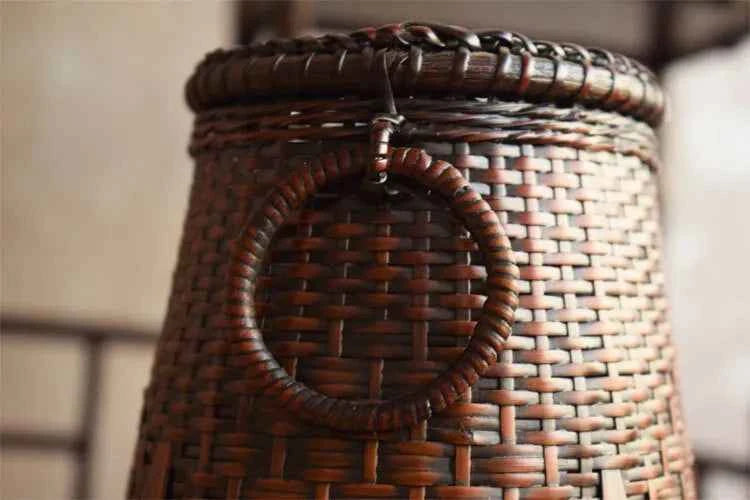 Handcrafted Woven Bamboo Flower Vase with Inner Water Container | Traditional Dark Lacquer Tabletop Floral Vessel