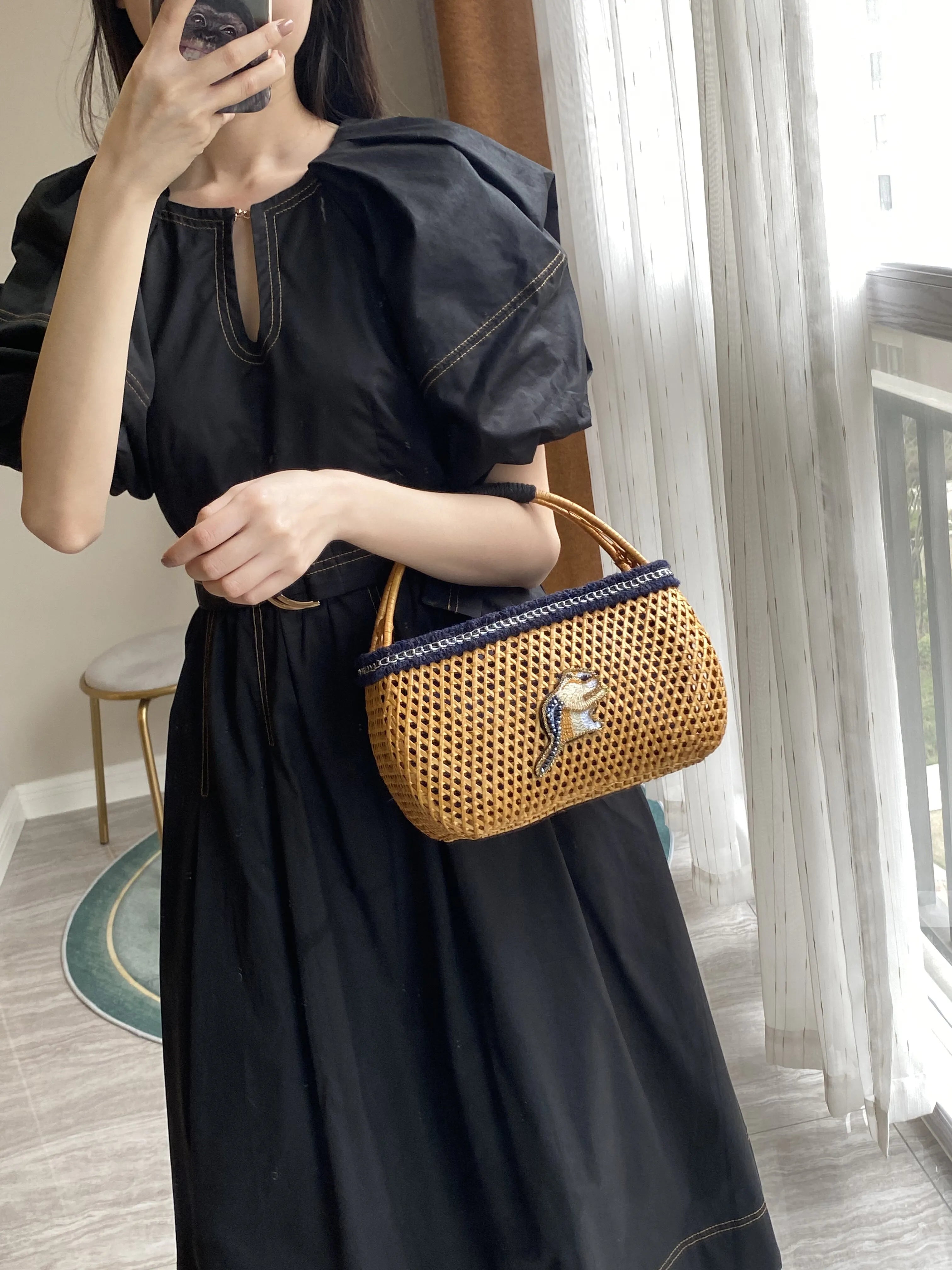 The Secret Garden Embroidered Squirrel Rattan Tote Bag - Verdant Bind