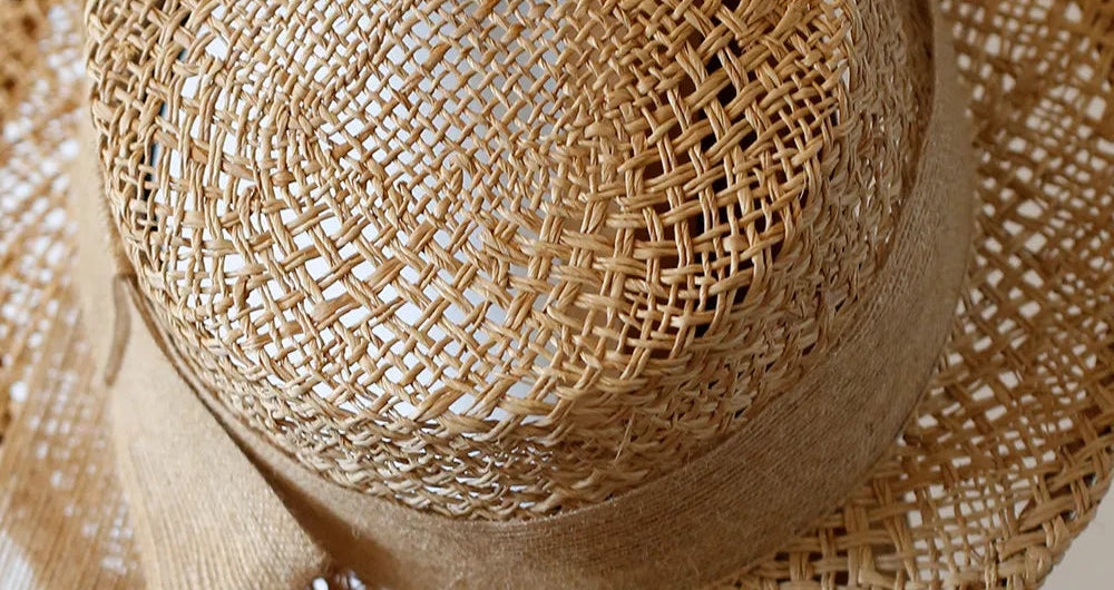 Handwoven Raffia Straw Boater Hat with Hollow Out Twist Knit and Jute Bow Trim for Women - Verdant Bind