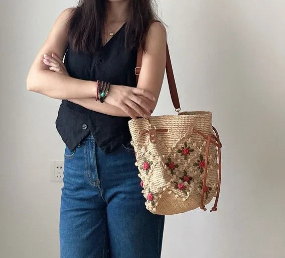 The Tuscan Romantic Crochet Rose Raffia Bucket Bag - Verdant Bind