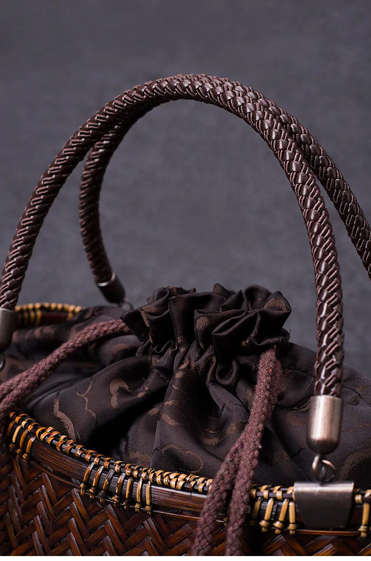 Handcrafted Boat-Shaped Bamboo Tote Bag with Drawstring Lining Vintage Woven Basket Handbag for Women