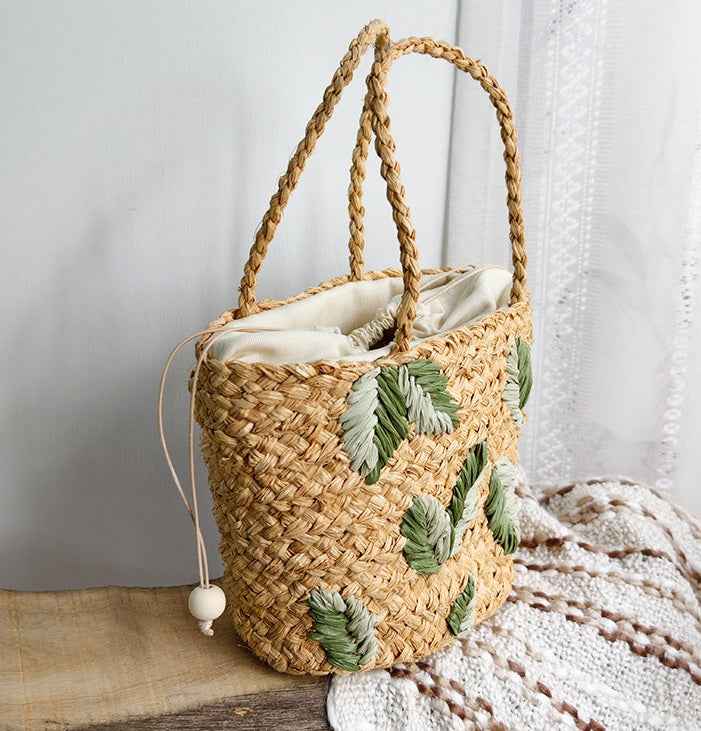 Handcrafted Raffia Bucket Bag Woven Leaf Pattern Drawstring Tote