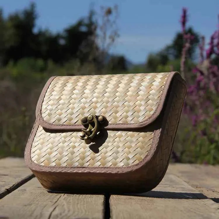 Handcrafted Mini Bamboo Weave Crossbody Bag Vintage Saddle Purse with Lock Closure