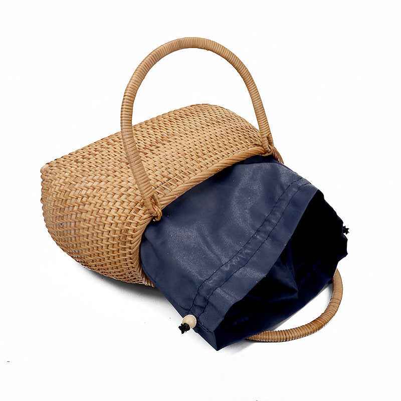 Handwoven Rattan Basket Bag French Vintage Oval Straw Top-Handle Tote