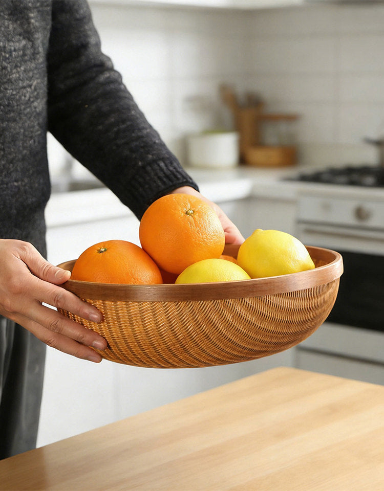Handcrafted Bamboo Storage Basket with Natural Lacquer Finish - Round Fruit & Bread Bowl