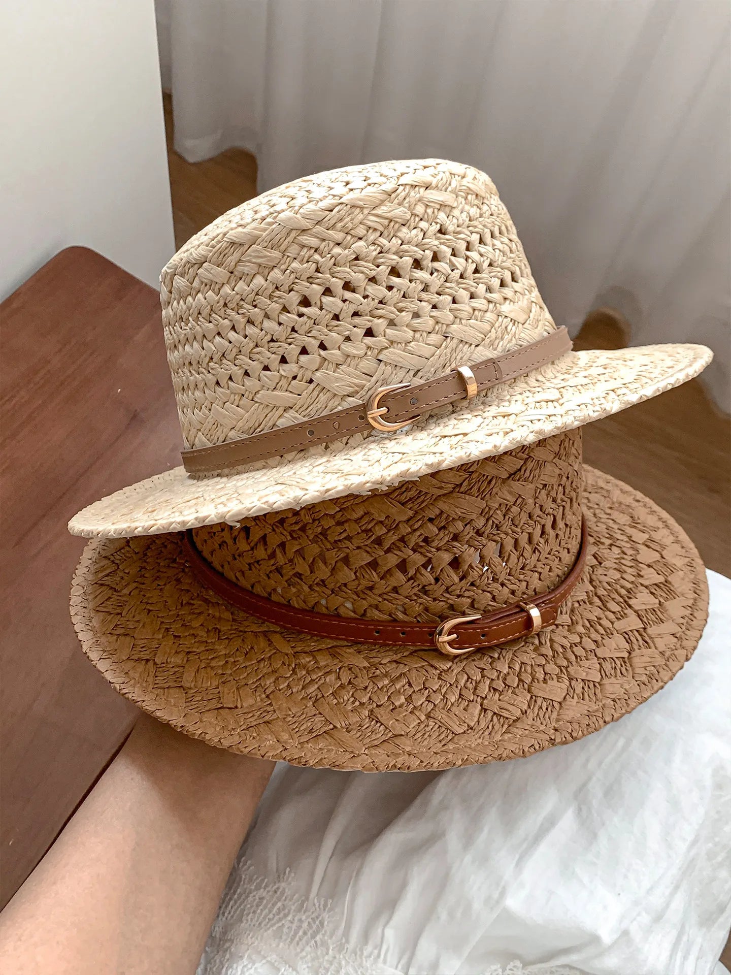 French Vintage Natural Seagrass Straw Hat with Leather Buckle Wide Brim Sun Protection for Women
