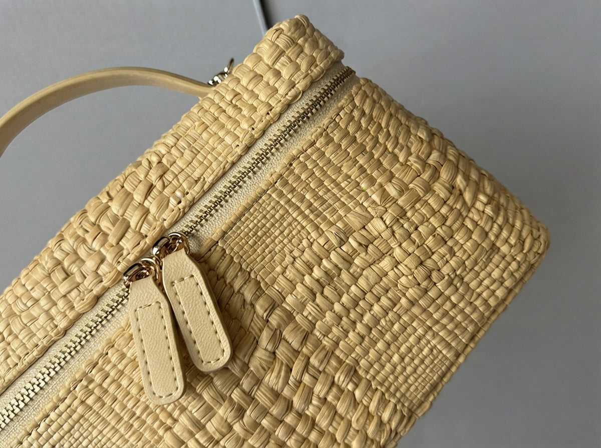 Woven Raffia Top-Handle Handbag Detachable Leather Chain Strap Purse