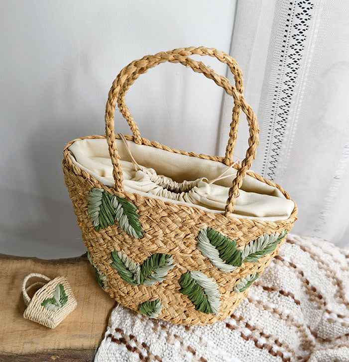 Handcrafted Raffia Bucket Bag Woven Leaf Pattern Drawstring Tote
