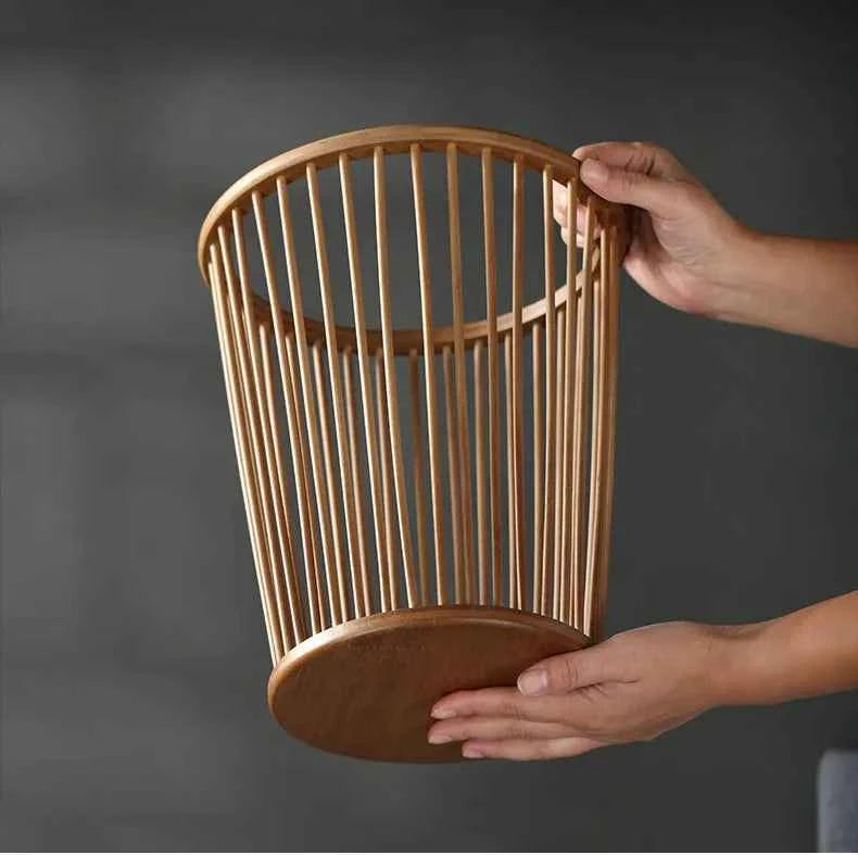 Handcrafted Natural Bamboo Wastebasket | Round Slatted Paper Trash Can & Storage Basket