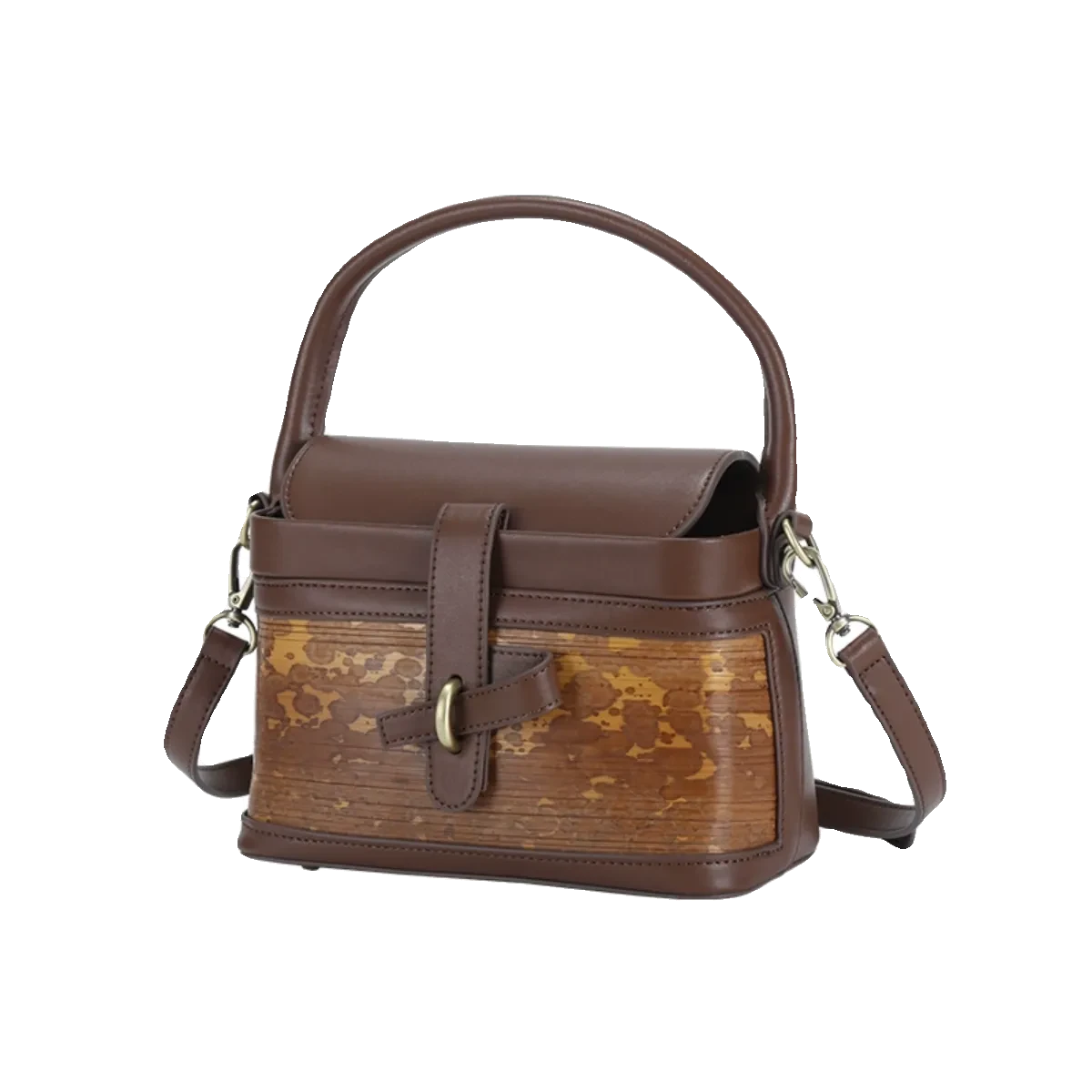 Handcrafted Mottled Bamboo and Genuine Leather Crossbody Bag Vintage Square Box Tote for Women