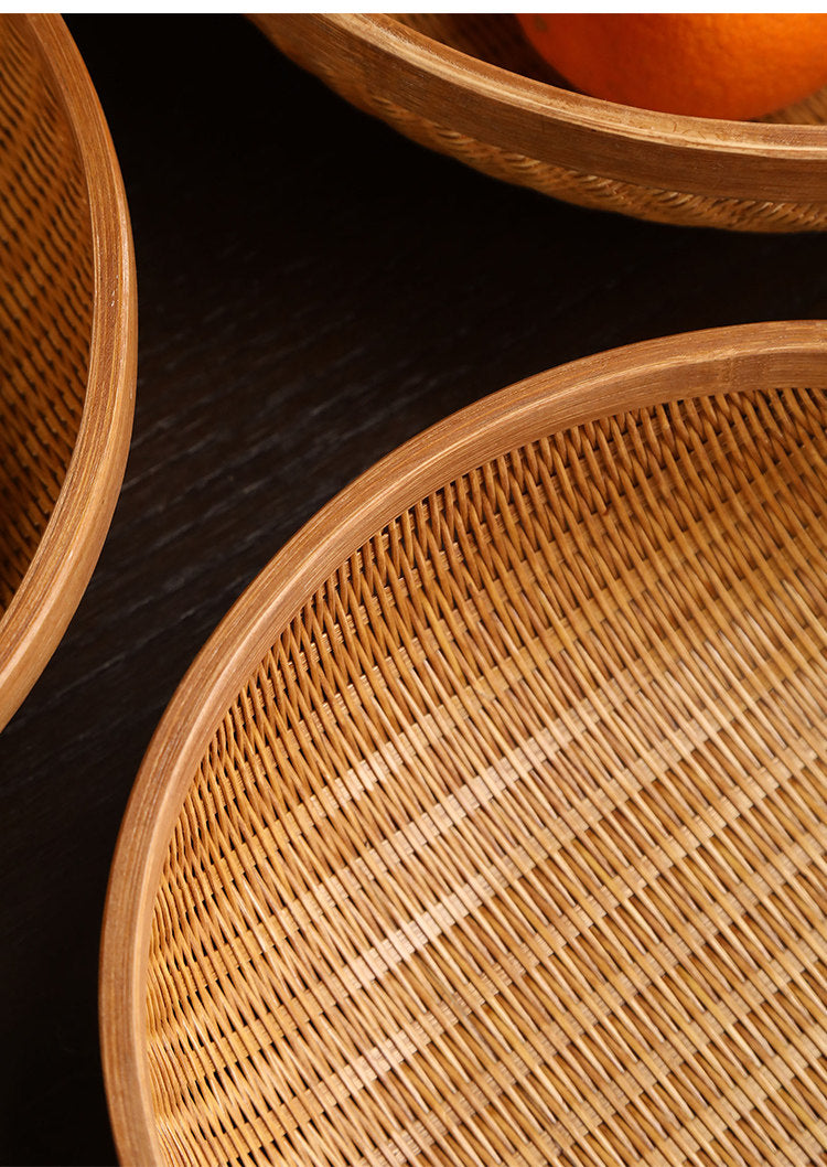Handcrafted Bamboo Storage Basket with Natural Lacquer Finish - Round Fruit & Bread Bowl