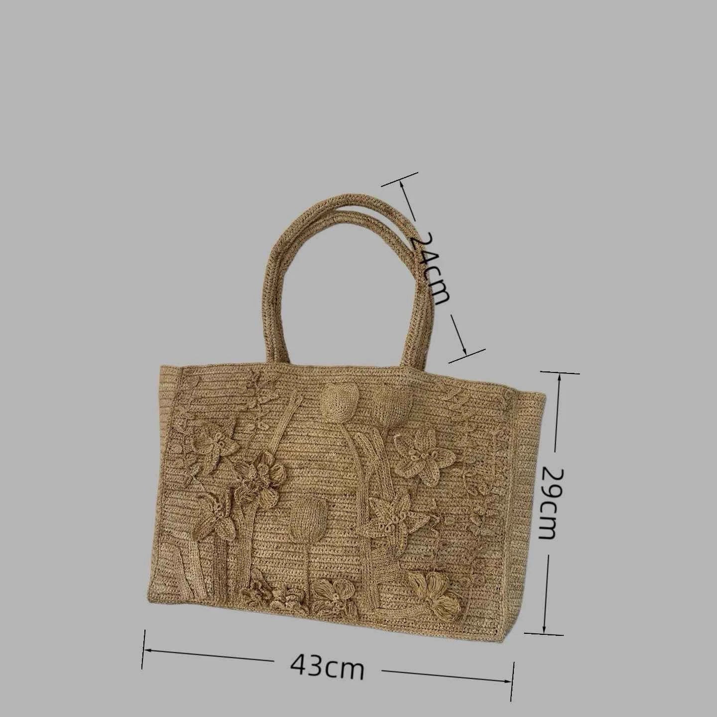 Handcrafted 100% Natural Raffia Tote Bag | 3D Floral Crochet Summer Beach Purse