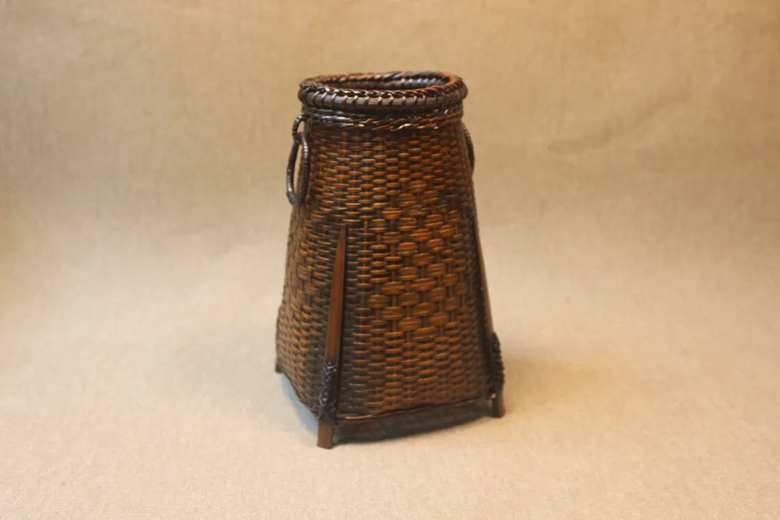 Handcrafted Woven Bamboo Flower Vase with Inner Water Container | Traditional Dark Lacquer Tabletop Floral Vessel - Verdant B