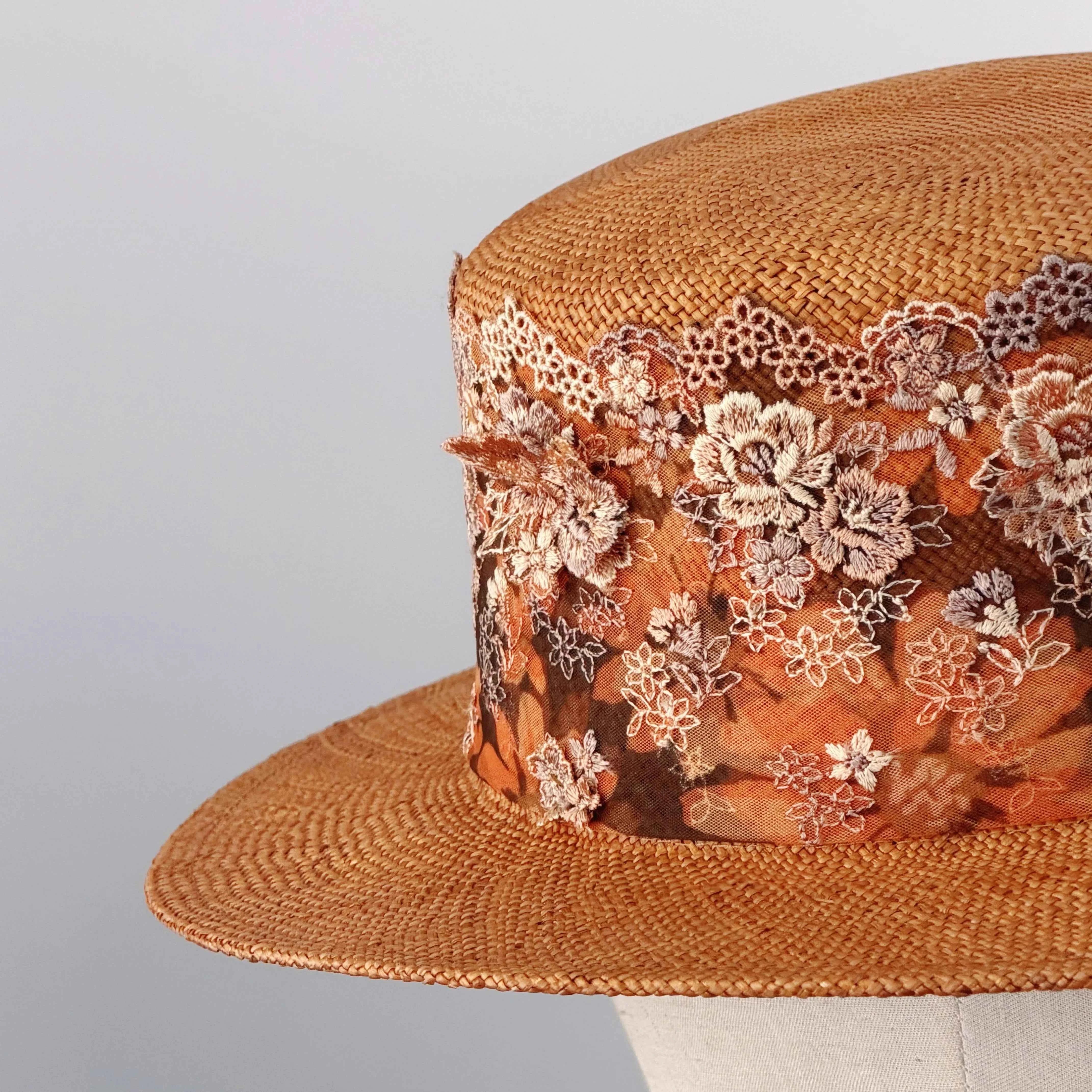 Handcrafted Vintage Flat Top Boater Hat Luxury Bao Straw Sun Fedora with Intricate 3D Floral Lace Trim