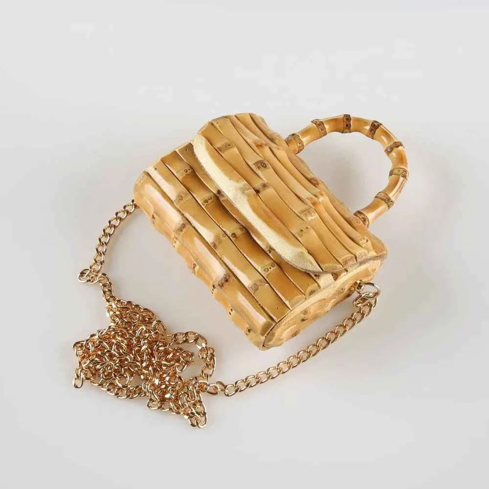 Handcrafted Natural Bamboo Root Mini Box Bag | Vintage Top-Handle & Crossbody Chain Purse