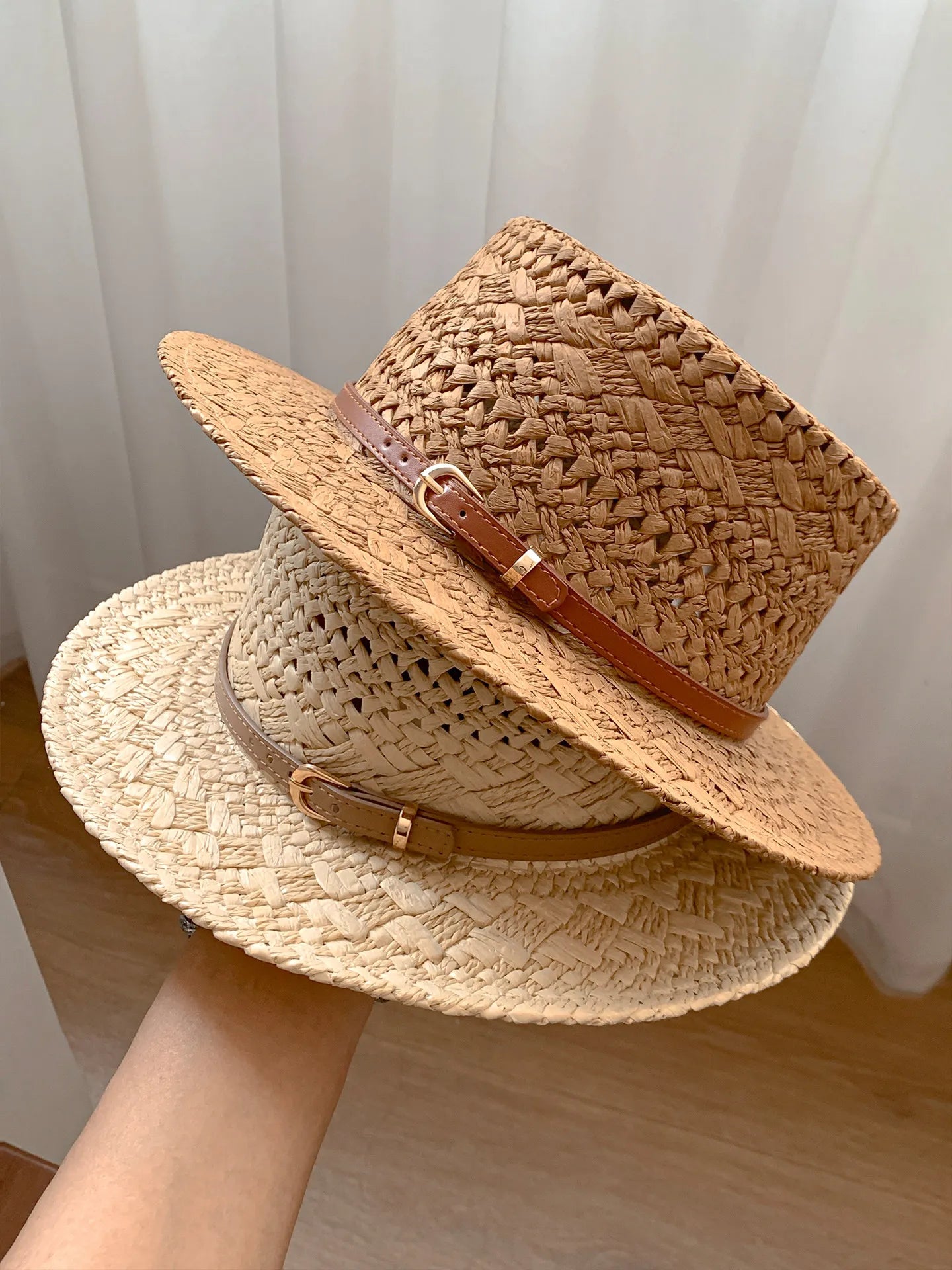 French Vintage Natural Seagrass Straw Hat with Leather Buckle Wide Brim Sun Protection for Women
