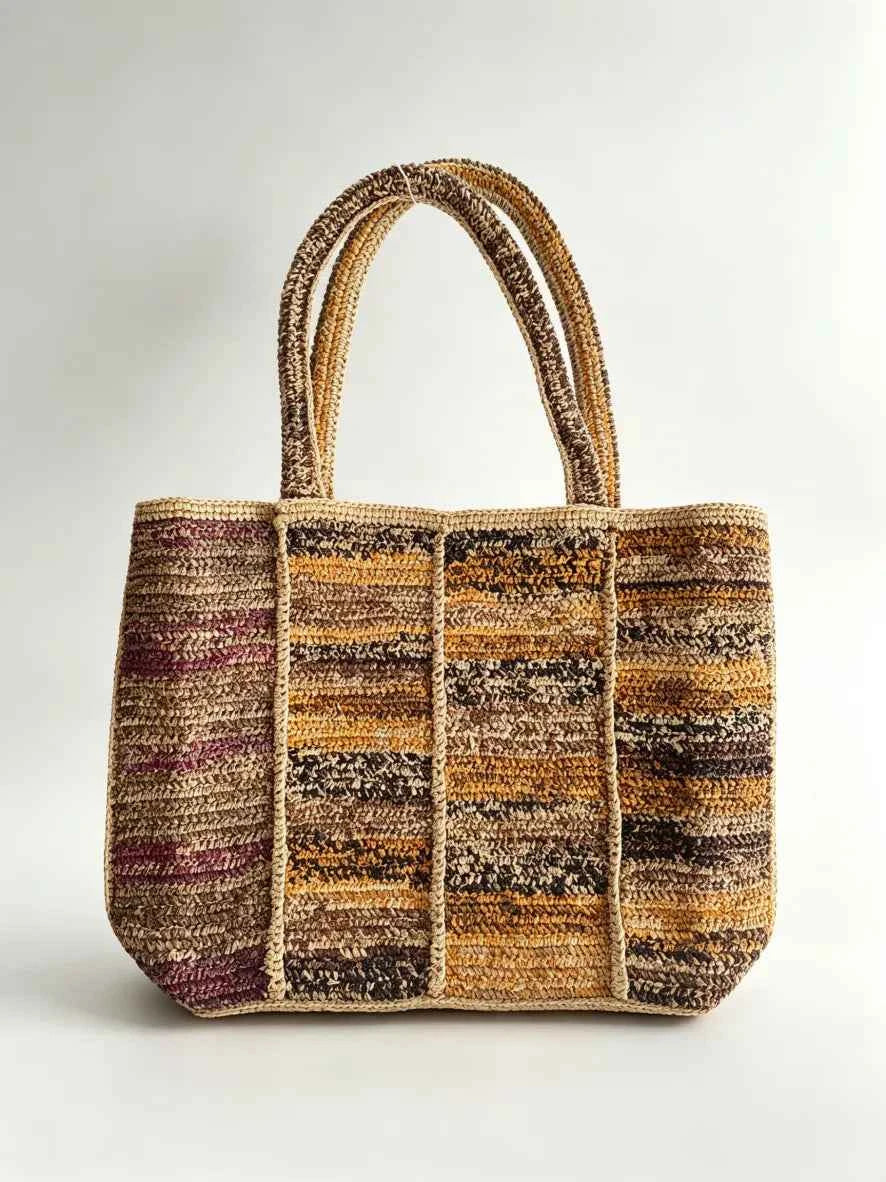 Handcrafted 100% Natural Raffia Tote Bag | Vintage Striped Panel Summer Beach & Commuter Purse