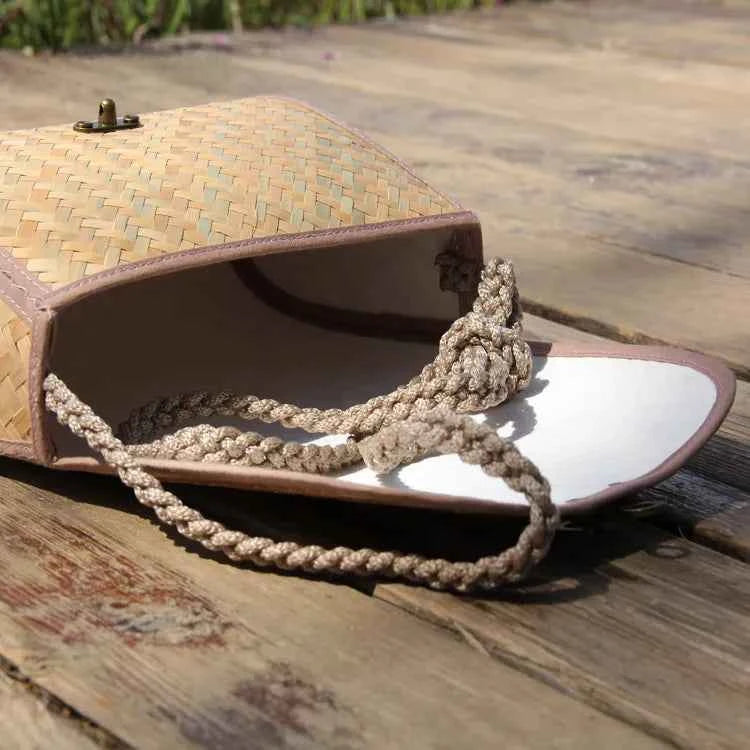 Handcrafted Mini Bamboo Weave Crossbody Bag Vintage Saddle Purse with Lock Closure