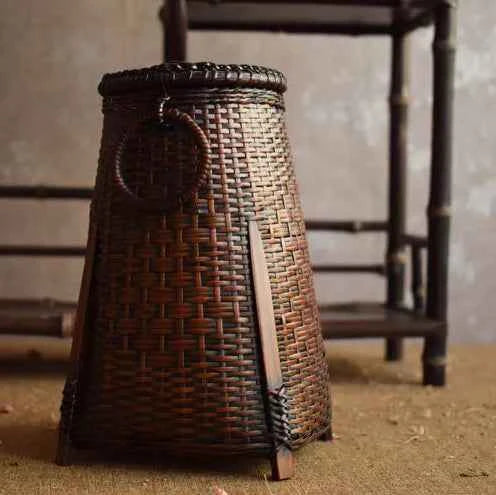 Handcrafted Woven Bamboo Flower Vase with Inner Water Container | Traditional Dark Lacquer Tabletop Floral Vessel