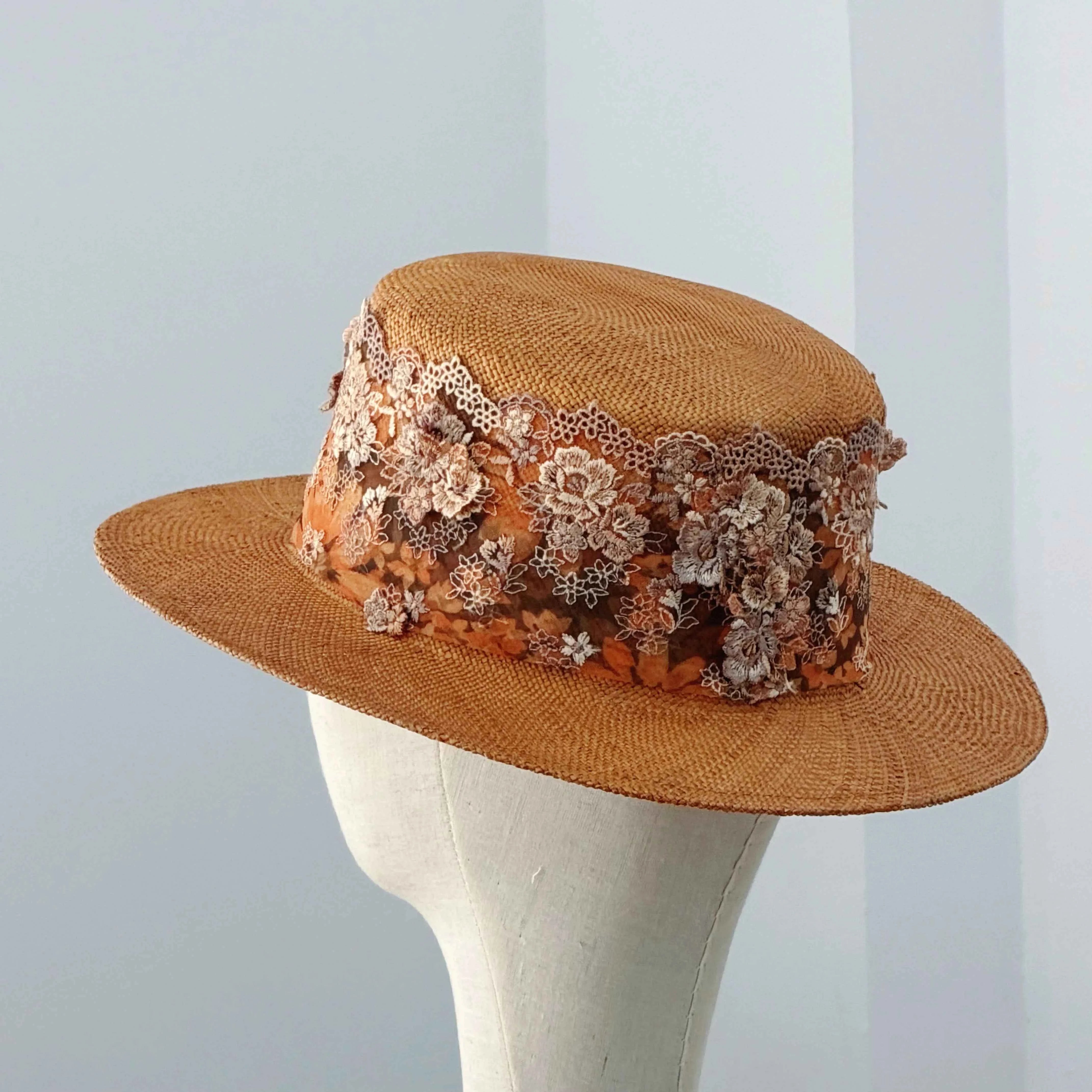 Handcrafted Vintage Flat Top Boater Hat Luxury Bao Straw Sun Fedora with Intricate 3D Floral Lace Trim