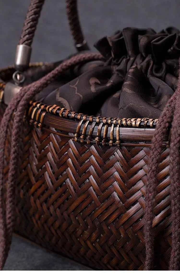 Handcrafted Boat-Shaped Bamboo Tote Bag with Drawstring Lining Vintage Woven Basket Handbag for Women