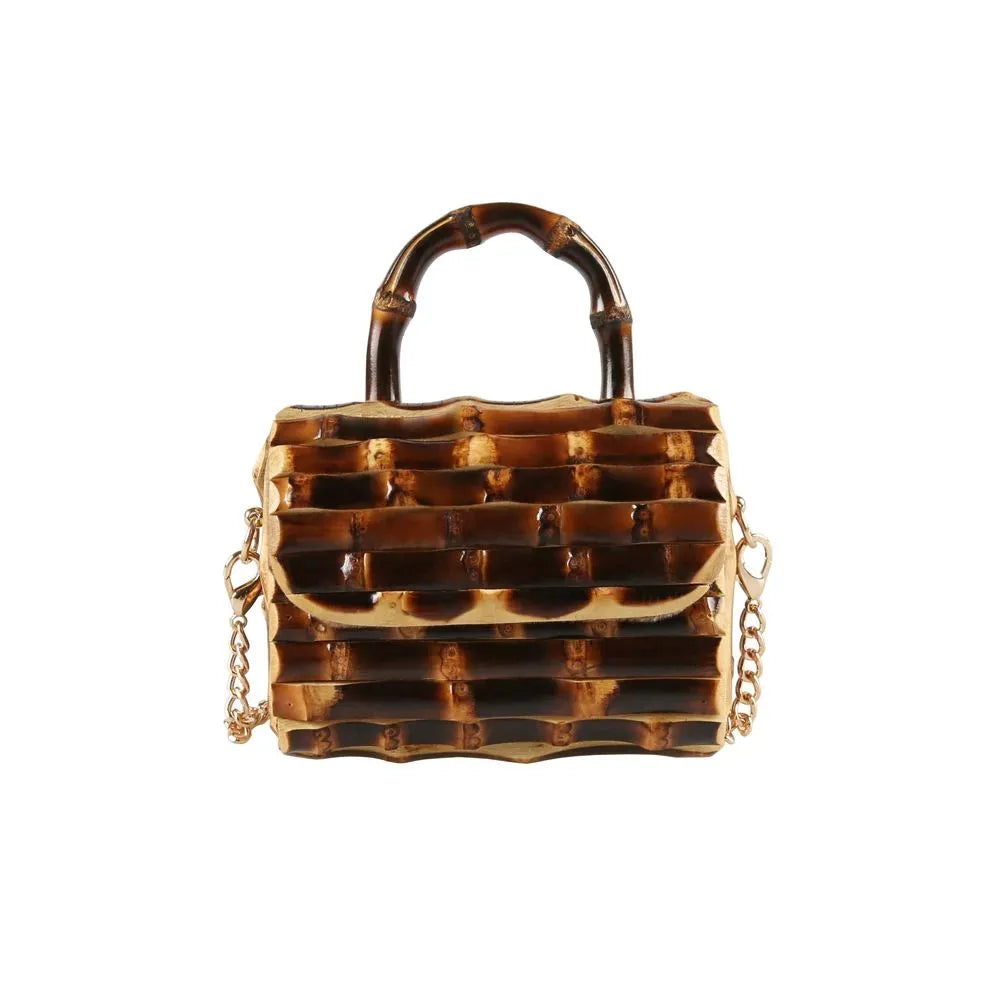 Handcrafted Natural Bamboo Root Mini Box Bag | Vintage Top-Handle & Crossbody Chain Purse - Verdant Bind