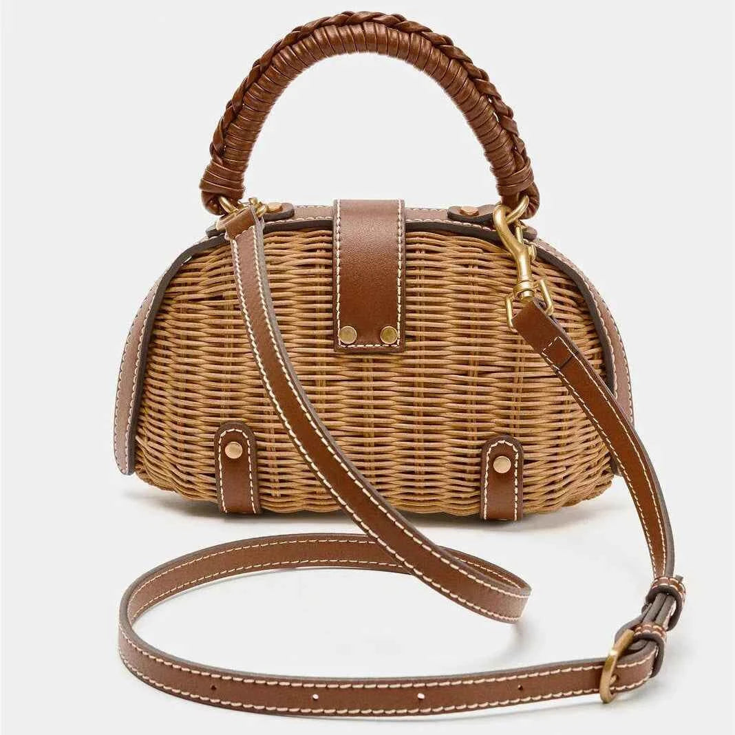 Handcrafted French Vintage Rattan Shell Crossbody Bag - Structured Wicker Basket Purse with Leather Strap & Turnlock