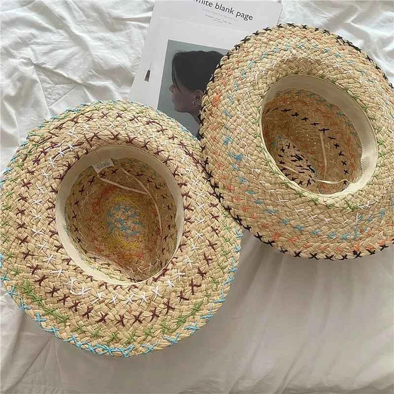 Handcrafted Natural Raffia Fedora Sun Hat | Colorful Cross-Stitch Embroidery Beach Cap & Adjustable Boho Panama Hat