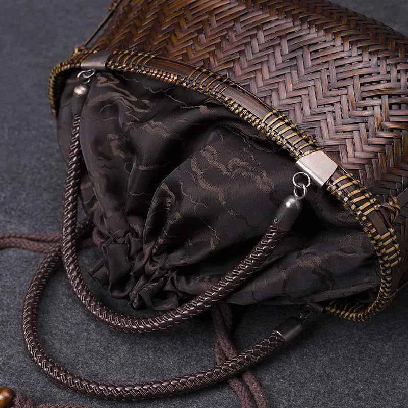 Handcrafted Boat-Shaped Bamboo Tote Bag with Drawstring Lining Vintage Woven Basket Handbag for Women