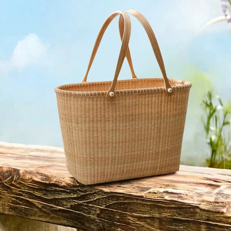 Handcrafted Premium Natural Rattan Basket | Luxury Picnic Tote & Home Storage Organizer with Hardwood Base
