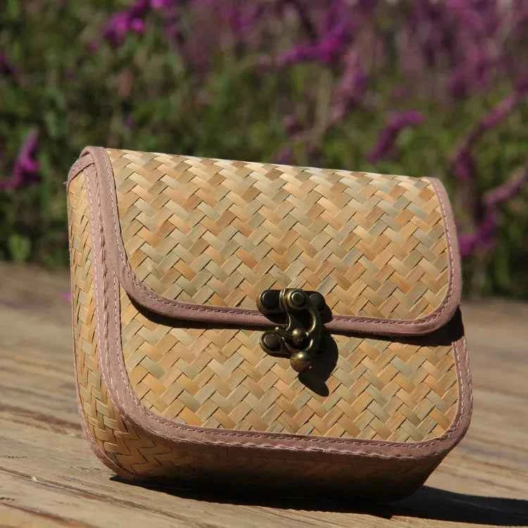 Handcrafted Mini Bamboo Weave Crossbody Bag Vintage Saddle Purse with Lock Closure