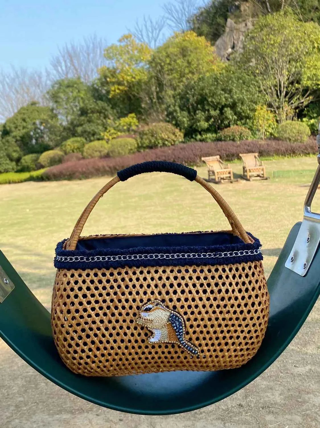 The Secret Garden Embroidered Squirrel Rattan Tote Bag - Verdant Bind