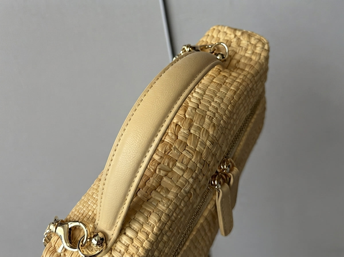 Woven Raffia Top-Handle Handbag Detachable Leather Chain Strap Purse