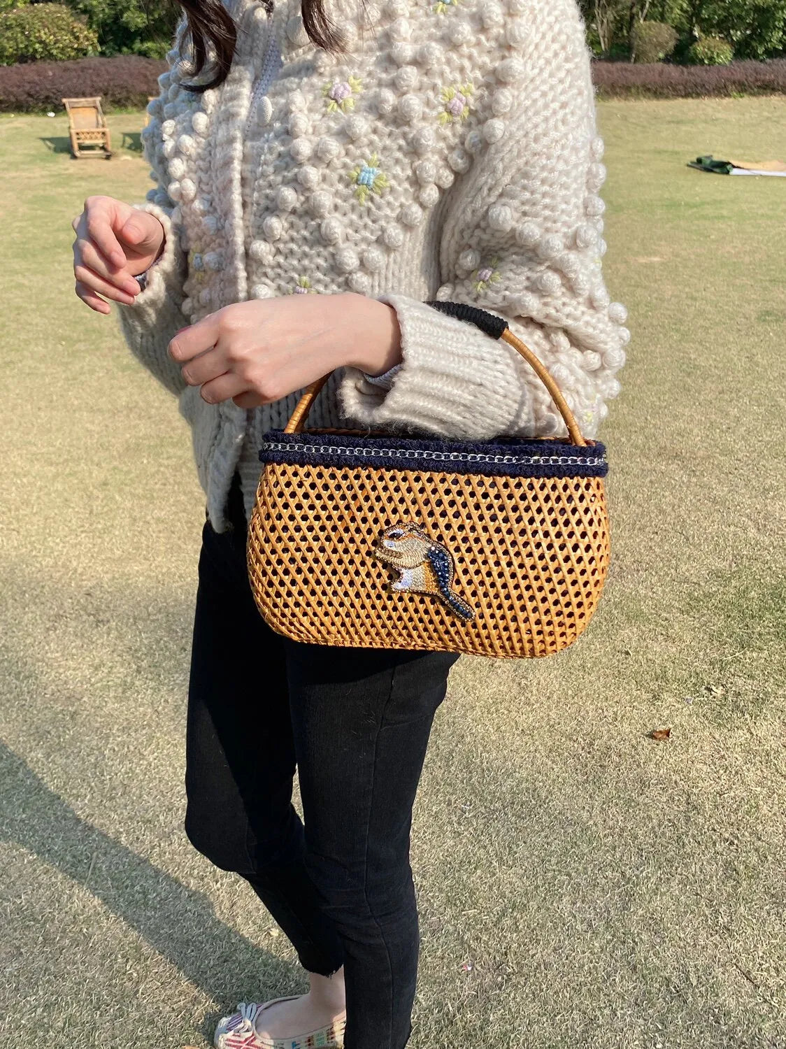 The Secret Garden Embroidered Squirrel Rattan Tote Bag - Verdant Bind