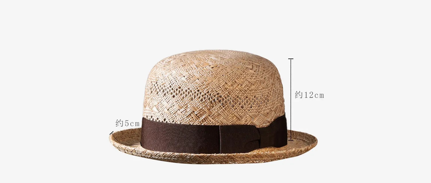 Handcrafted Natural Straw Porkpie Sun Hat | Vintage Rolled Brim Boater Cap with Grosgrain Ribbon - Verdant Bind