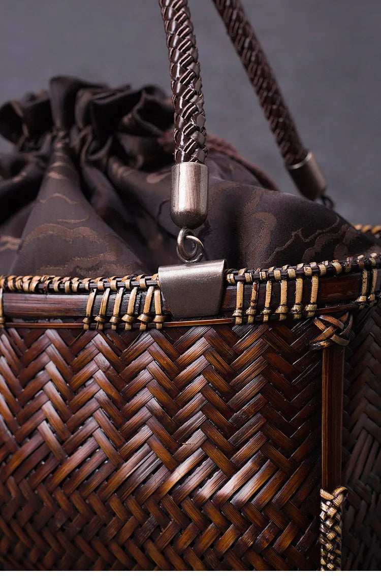 Handcrafted Boat-Shaped Bamboo Tote Bag with Drawstring Lining Vintage Woven Basket Handbag for Women